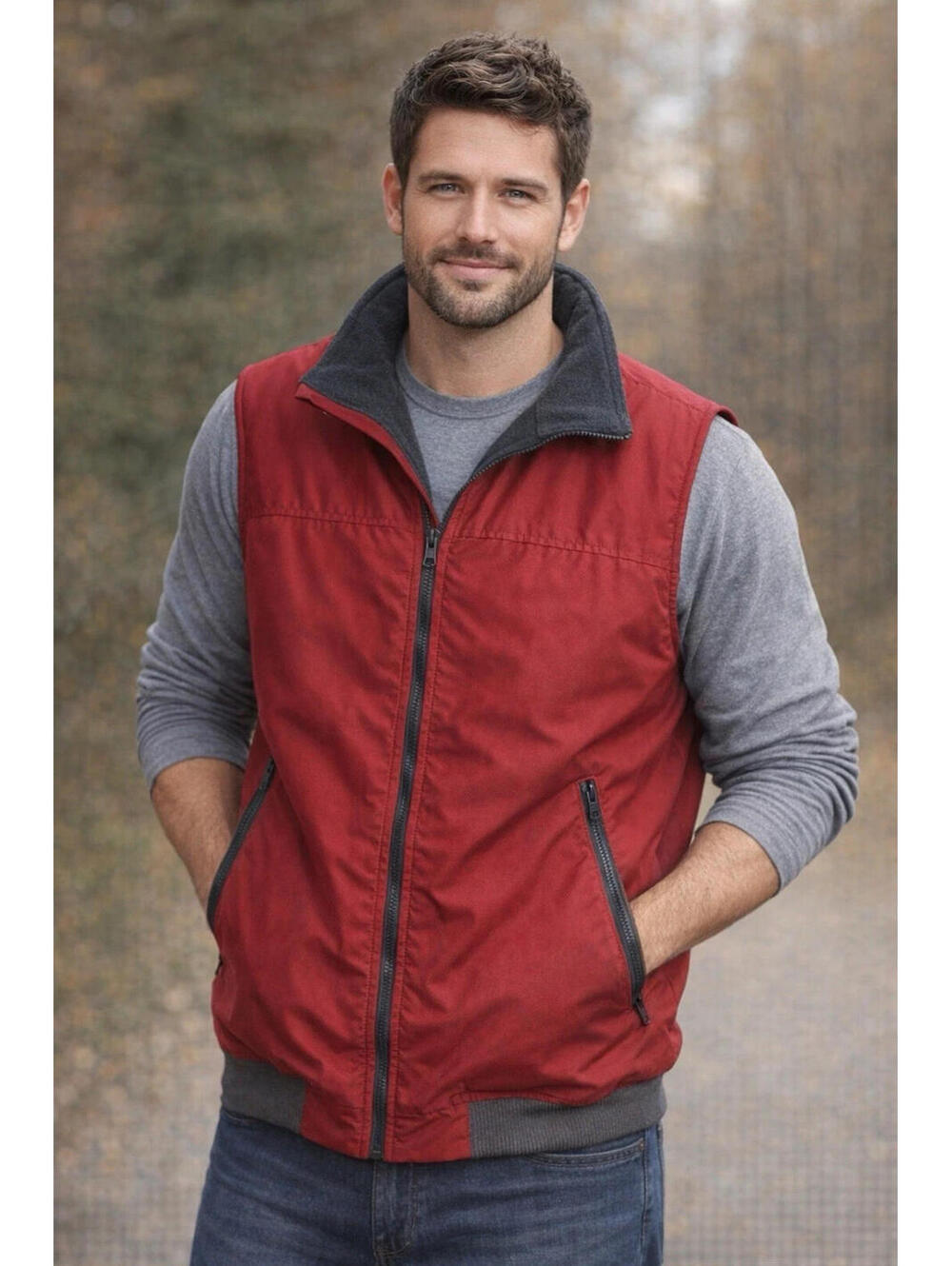 Chaps Zip Up Gray Fleece Lined Red Canvas Vest Large Zip Front Zip Pockets